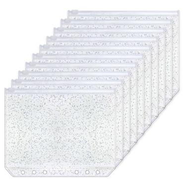 Imagem de AxeWoodz 10 bolsos para fichário A5 com glitter, bolsas com zíper, envelopes econômicos, pastas transparentes com zíper, sacos de folhas soltas