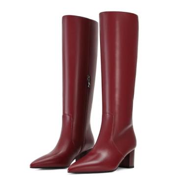 Imagem de Wnshonzy Botas de cano alto femininas de couro preto, bico fino, zíper lateral, salto grosso, confortável, elegante, Borgonha, 38