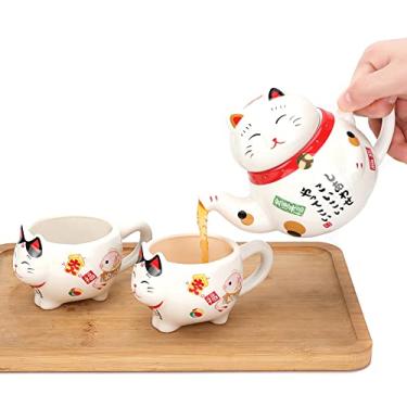 Imagem de Japanese Lucky Cat Tea Set Ceramic Maneki Neko Teapot, 2 Teacups, Tea set, with Stainless Steel Infuser in Gift Box (Red Scarf)