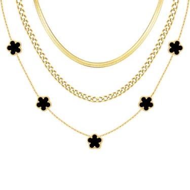 Imagem de Colar feminino em camadas de ouro - 3 peças de colares florais banhados a ouro 18K, corrente de elos cubanos empilháveis de aço inoxidável, joias modernas, gargantilhas de espinha de peixe, presentes