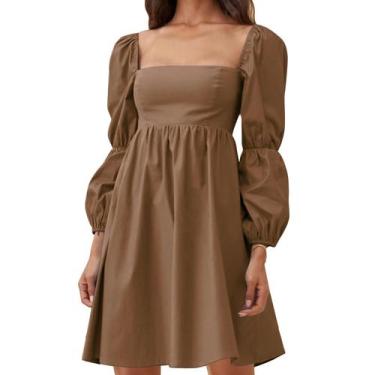 Imagem de Vestido feminino EXLURA 2024, casual, manga comprida, evasê, marrom
