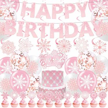 Imagem de Conjunto de decoração de festa de inverno, 44 unidades com tema rosa de floco de neve