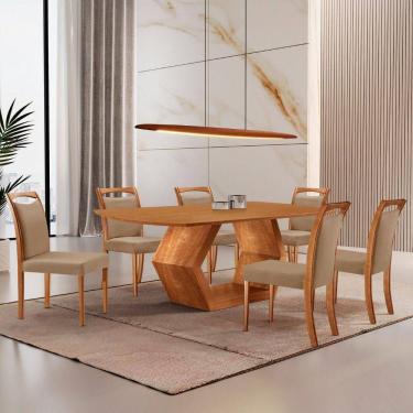 Imagem de Mesa Ane 180 Tampo Laminado Barril Com 6 Cadeiras Munique Linho Palha Imbuia Natural