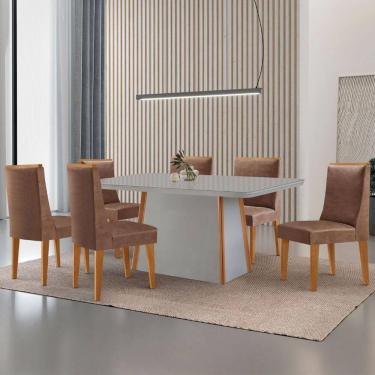 Imagem de Mesa De Jantar Diane 180cm Tampo Mdf Vidro 6 Cadeiras Lisboa Moderna Tork Serigrafia Off White