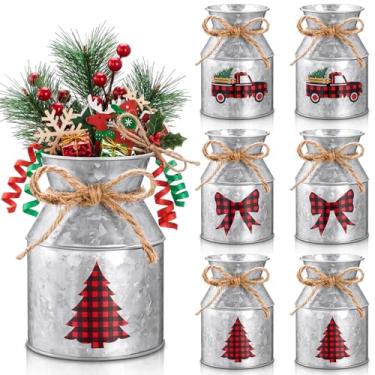 Imagem de Domensi 6 peças de vasos de flores de metal de Natal, decoração de 13 cm, árvore de Natal, galvanizada, jarro de leite, com baldes de laço, vaso rústico para mesa de centro de mesa, cozinha, casa