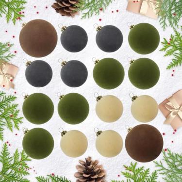 Imagem de 16 peças de enfeites de veludo para decoração de árvore de Natal, bola mista de enfeite flocado para decoração de Natal, enfeites de Natal inquebráveis bolas para suprimentos de festa (6 cm, 8 cm, 10