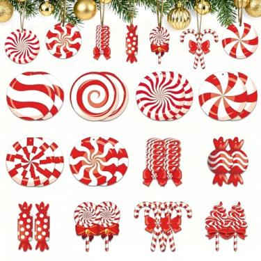 Imagem de Decorações de Natal vermelhas bengala doce menta pirulito enfeites pendurados 24 peças vintage artesanato de doces de madeira com cordas para árvore de Natal, inverno, casa, festa