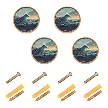 Imagem de Burbuja Maçanetas de armário de cozinha Sea Wave, pacote com 4, puxadores redondos de 3,5 cm, puxadores de cômoda com parafusos para armários de cozinha, quarto, armário