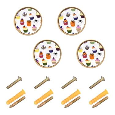Imagem de Burbuja Puxadores de armário de cozinha de cupcakes de Halloween, pacote com 4, puxadores de gaveta redonda de 3,5 cm, puxadores de cômoda com parafusos para cozinha, quarto, armários, armário
