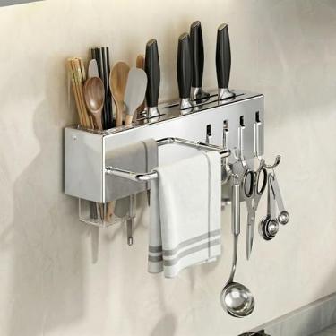 Imagem de Rack de armazenamento de utensílios de cozinha – organizador sem broca montado na parede com ganchos de aço inoxidável e ABS para facas, garfos, colheres, tesouras, talheres – fácil instalação