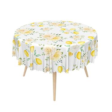 Imagem de SIEDYCV Toalha de mesa redonda floral branca, 177 cm, branca, amarela, rosa, limão, tecido de poliéster, à prova de óleo, lavável, primavera, flor branca, capa de mesa para jardim, piquenique