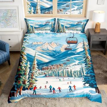 Imagem de Capa de edredom esportiva de esqui, tamanho king, 3 peças, aquarela, verde, árvores, azul, montanha, conjunto de cama para crianças, adolescentes e adultos, capa de edredom com cenário natural de