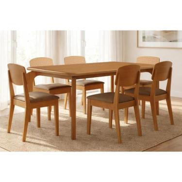 Imagem de Sala Jantar Mesa Londrina Tampo Curvo 180cm+6 Cadeiras Havana Naturale - Suede Capuccino - Rufato