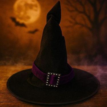 Imagem de Chapéu Veludo Fantasia De Bruxa Luxo Com Fivela Strass Fita Decorativa