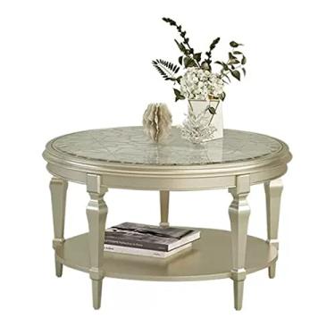 Imagem de Mesa de centro moderna mesa de centro redonda de madeira com entalhe a céu aberto e tampo de vidro, sala de estar de 31,4/99,8 cm, elegante mesa de sofá redonda (0,8 m)