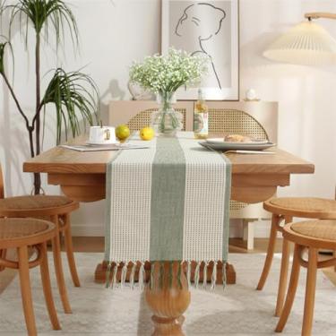 Imagem de Caminho de mesa rústico com borlas, caminhos de mesa boho trançados listrados, mesa de linho de algodão para jantar, festas de fim de ano e casamento (listras verdes, 33 x 238 cm)