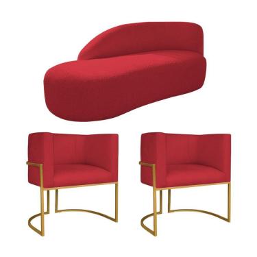 Imagem de Kit Divã Luna 140cm Lado Esquerdo E 02 Poltronas Base De Ferro Dourado Suede Vermelho