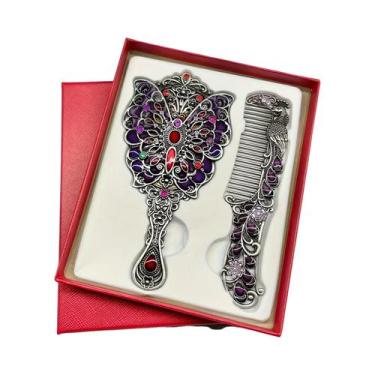 Imagem de Conjunto De Espelho Decorativo Vintage Com Flor De Pavão E Pente, Espe