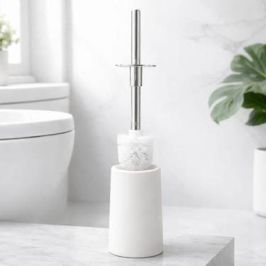 Imagem de Escova Sanitária Branca Inox Com Suporte Limpeza 360 Anti Respingo Ban