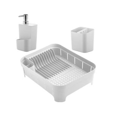 Imagem de Kit 3 Peças Cozinha Escorredor De Louças Talheres Dispenser Detergente