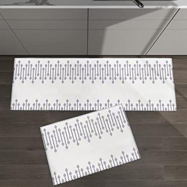 Imagem de Conjunto de 2 tapetes de cozinha boêmio geométrico diamante listrado branco para tapetes acolchoados no chão tapetes antiderrapantes absorventes corredor confortável tapete de pé