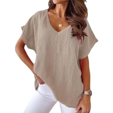 Imagem de ONLYSTORY Camisetas femininas de linho de algodão casual verão manga curta extragrande gola V blusas soltas, C-cáqui, G