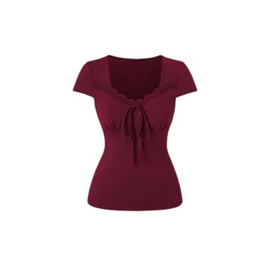 Imagem de SOLY HUX Camiseta feminina vintage de renda manga curta amarrada na frente, gola redonda, moda urbana, Bordô liso, P