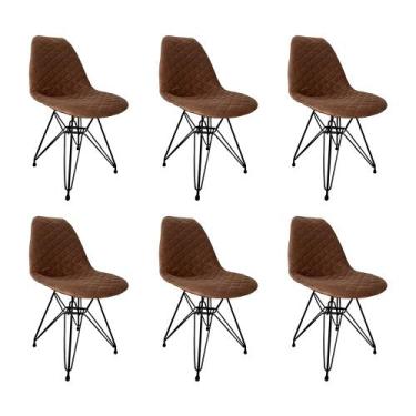 Imagem de Kit 6 Cadeiras Jantar Estofadas Caramelo Eiffel Eames Base Ferro Preto