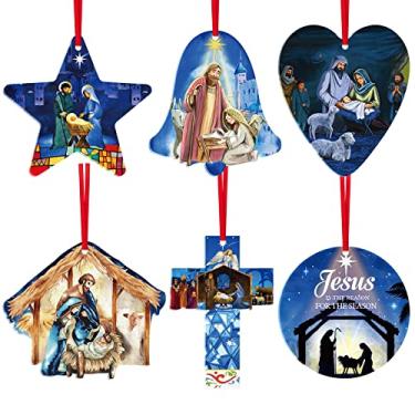 Imagem de 6 peças ornamentos de presépio cristão Jesus acrílico árvore de natal ornamentos pendurados decoração religiosa presente de lembrança cristã para jardim doméstico férias decoração de parede 3 polegadas (estilo misto)