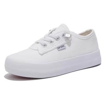 Imagem de OPOEE Meninos e meninas, sapatos de lona infantis de corte baixo, sapatos de skate preguiçosos de ajuste largo, Branco, 9 Wide Toddler