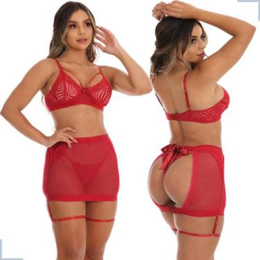 Imagem de Conjunto Lingerie Sensual Sexy 3 Peças Com Calcinha Saia em Tule - Aun