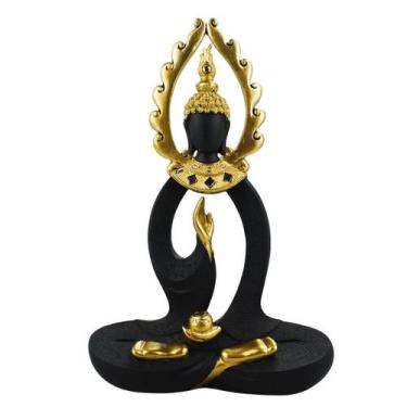 Imagem de Buda Sentado Preto Detalhes Dourado 33cm - Enfeite Decorativo Resina -