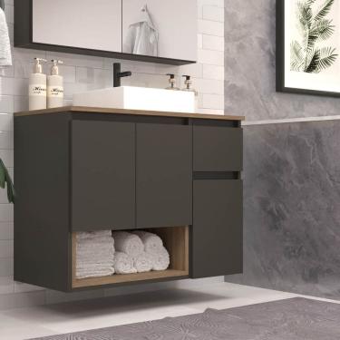 Imagem de Gabinete Banheiro Suspenso 80cm Aurora com 03 Portas 01 Gaveta e Nicho com Cuba Mel/Graffite