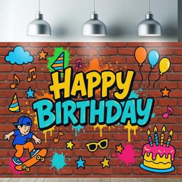 Imagem de Starlit Patio Tapeçaria de skate, feliz aniversário, 188 x 150 cm, faixa de grafite, decoração de festa de aniversário para meninos, crianças, adolescentes, neon urbano hip hop para decoração de
