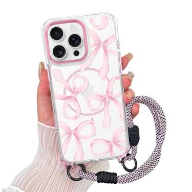 Imagem de AIGOMARA Capa magnética para iPhone 15 Pro [compatível com MagSafe] Capa de telefone com padrão de laço de fita transparente com cordão de pulso, capa fina à prova de choque para meninas e mulheres
