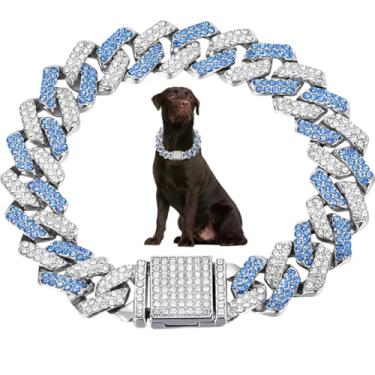 Imagem de Corrente de elos cubanos azuis para cães grandes, colar de gatos brilhantes de metal cristal brilhante strass filhote de cachorro coleiras para animais de estimação pequenos, médios e grandes, meninos