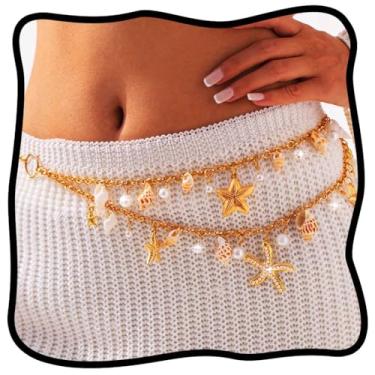 Imagem de Urieo Cinto de corrente de estrela do mar Boho corrente de barriga com concha dourada pérola em camadas biquíni vestido de festa praia corrente de cintura joia corporal para mulheres, Total length