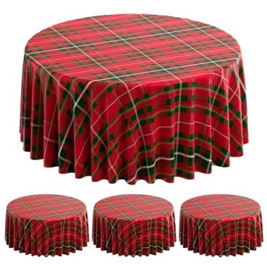 Imagem de 3 peças de toalha de mesa de Natal xadrez xadrez xadrez para decoração de festa, toalha de mesa redonda de plástico vermelho e verde para Natal, inverno, férias, ano novo, artigos de festa, 213 cm