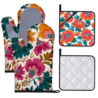 Imagem de BVBOX Conjunto de 4 luvas de forno e pegadores de panela resistentes ao calor com superfície de silicone antiderrapante para cozinha, cozinhar, assar grelhar (peônia colorida, conjunto com 4)