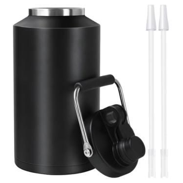 Imagem de GAGANIU Garrafa de água isolada com canudo, jarro de 1 galão com alça, garrafa de água grande de aço inoxidável de 3,6 ml, boca larga, aspirador duplo para bebidas quentes e frias (preto)