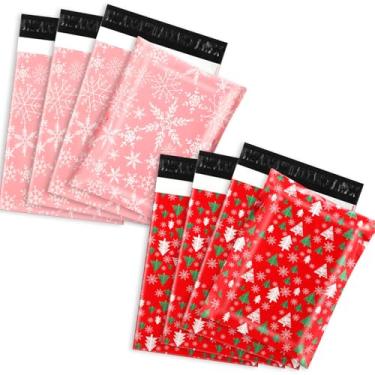 Imagem de Fullhawl 200 peças de envelopes de poliéster de Natal 25,4 x 33 cm floco de neve envelopes de árvore de Natal envelopes de envio vermelho rosa autoadesivo sacos de poliéster embalagem sacos de correio