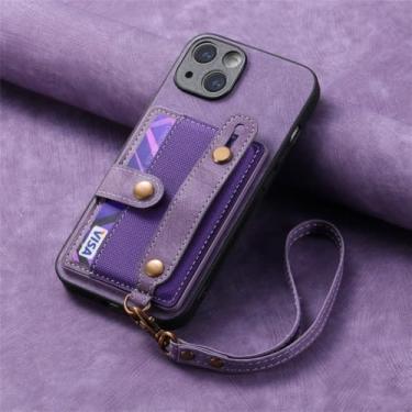 Imagem de Capa de telefone com suporte de couro PU com alça de pulso para iPhone 13 12 Mini 15 14 11 Pro Max XS X XR 8 7 Plus Carteira com capa de suporte de cartão, roxa, para iPhone 7Plus (8Plus)