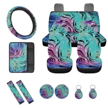 Imagem de Wunvihay Conjunto completo de 12 capas de assento de carro com estampa de leopardo colorido, capa de volante, capas de cinto de segurança, porta-copos, chaveiro de console central automotivo para