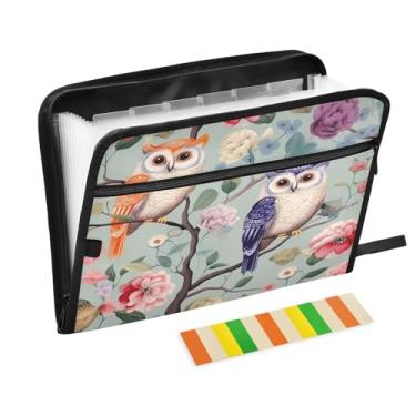 Imagem de Wassud Duas corujas no ramo florido com 13 bolsos, organizador de arquivos sanfonados, pastas expansíveis com abas e adesivos, organizador de pastas de documentos de recibo de papel tamanho carta A4
