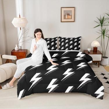 Imagem de Manfei Conjunto de edredom Lightning tamanho solteiro, conjunto de cama preto e branco, 2 peças, desenho à mão, rabisco, relâmpago, para todas as estações, decoração de quarto de crianças, meninos e