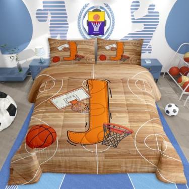 Imagem de jejeloiu Conjunto de edredom de basquete para todas as estações, presentes inspiradores para amantes de basquete, conjunto de cama com 1 fronha, letra J, roupa de cama solteiro, monograma, edredom