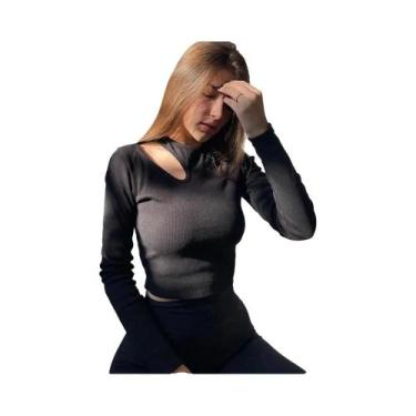 Imagem de Camiseta Cropped De Manga Longa Verde E Branca Para Mulheres, Tricotad