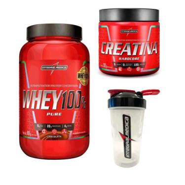Imagem de Kit Whey 100% Pote 900g + Creatina 300g + Coqueteleira 600ml Integralm