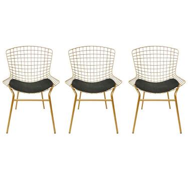 Imagem de Kit 3 Cadeiras para Cozinha Bertoia cor Dourado Fosco assento preto tubular