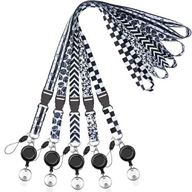Imagem de YOUOWO Cordão de cruzeiro preto e branco com carretel retrátil para crachás de identificação de escritório, porta-chaves, cartão de identificação, cordão de pescoço de liberação rápida, pacote com 5